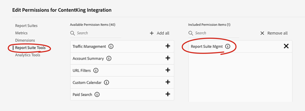 Configuring the right permissions for the new profile in Adobe Analytics