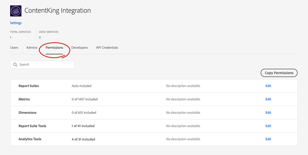 Navigating to the Permissions section of the new profile in Adobe Analytics