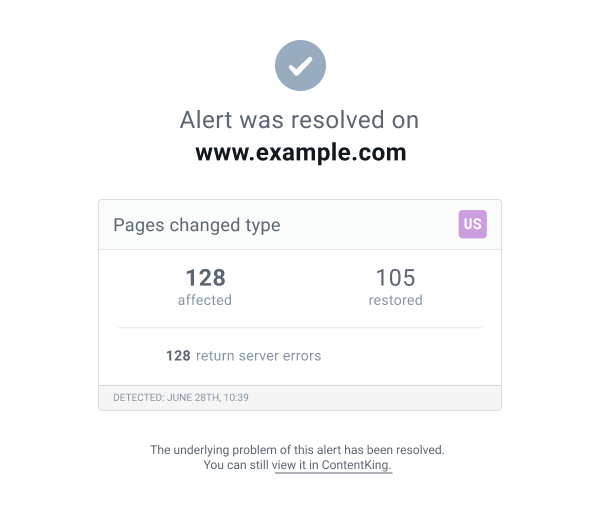 Email sent by ContentKing when an alert is resolved Screenshot showing an email sent by ContentKing when an alert is resolved