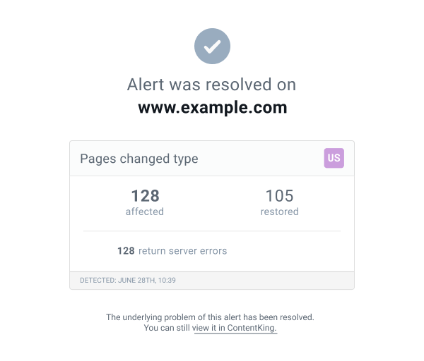 Screenshot showing an email sent by ContentKing when an alert is resolved