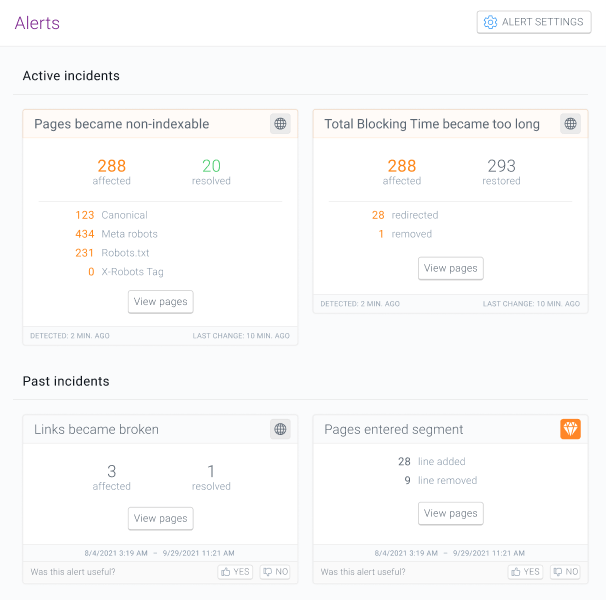 Active and past incidents displayed on the Alerts screen in ContentKing A screenshot showing active and past incidents displayed on the Alerts screen in ContentKing
