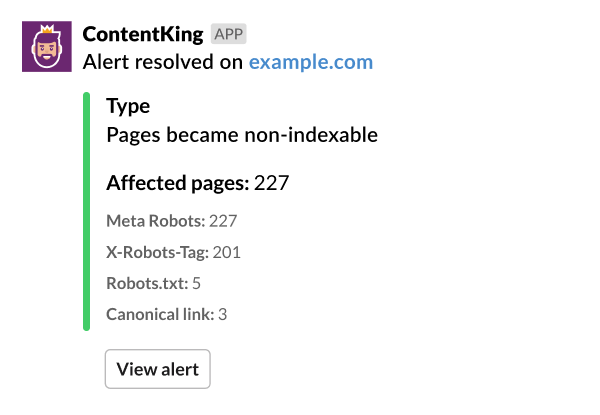 Slack notification sent by ContentKing when an alert is resolved Screenshot showing a Slack notification sent by ContentKing when an alert is resolved
