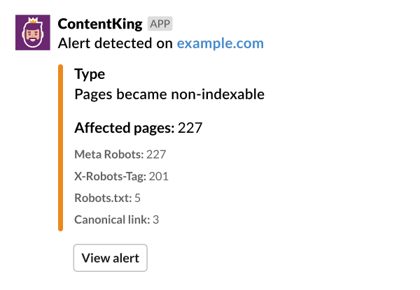 Screenshot showing a Slack notification sent by ContentKing when an alert is resolved