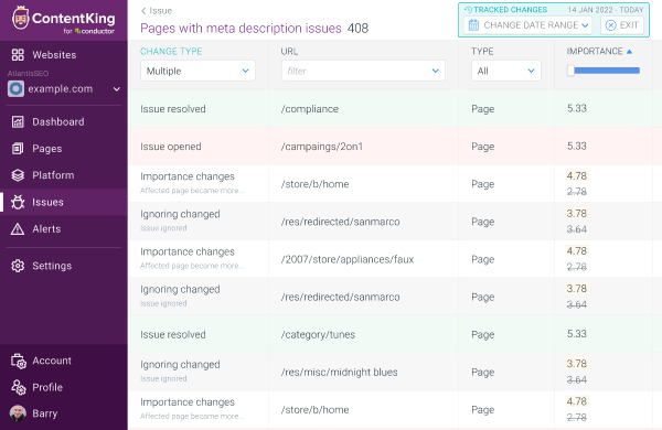 After clicking the See changes button, the user gets to a screen with a detailed overview of the pages where the different issue changes occurred Screenshot of the screen with a detailed overview of the pages where the different issue changes occurred