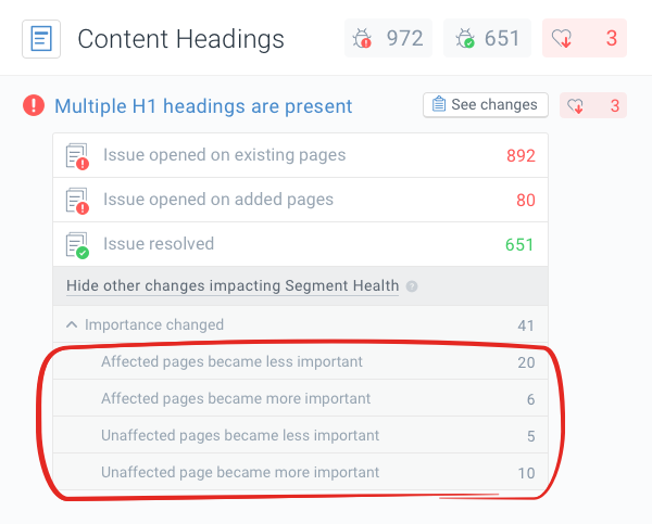Changes of the Importance score of pages that have an impact on the Health score Screenshot of the Importance score changes that have an impact on the Health score