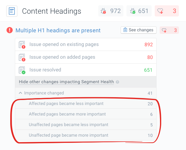 Screenshot of the Importance score changes that have an impact on the Health score
