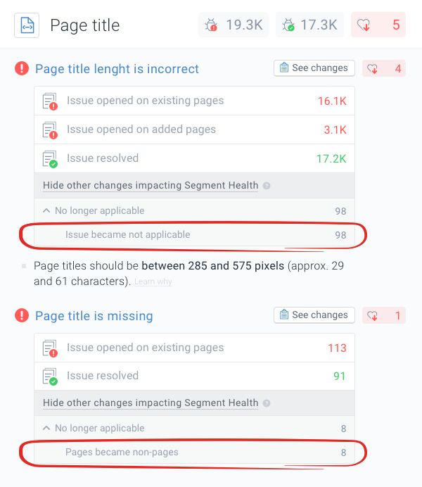 Screenshot of the issue changes in the No longer applicable category that have an impact on the Health score