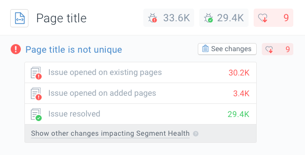 Screenshot of the primary issue changes that are the most important in relation to the Health score