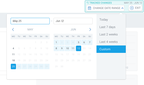 Setting a date range for the issue changes in ContentKing Screenshot of a calendar that allows the user to set a date range for the issue changes in ContentKing