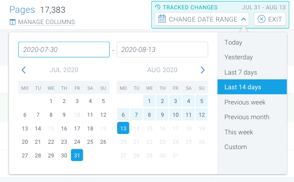 Setting the date range for the tracked changes in ContentKing Screenshot of the date range selector for the tracked changes in ContentKing