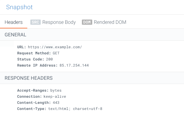 Viewing the HTTP Headers snapshot for a tracked change in ContentKing Screenshot of the HTTP Headers snapshot for a tracked change in ContentKing