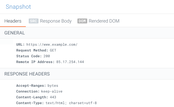 Screenshot of the HTTP Headers snapshot for a tracked change in ContentKing