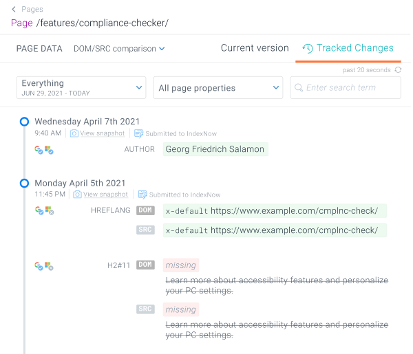 Viewing the tracked changes for a single page in ContentKing Screenshot of the Tracked Changes tab where you can view the tracked changes for a single page in ContentKing