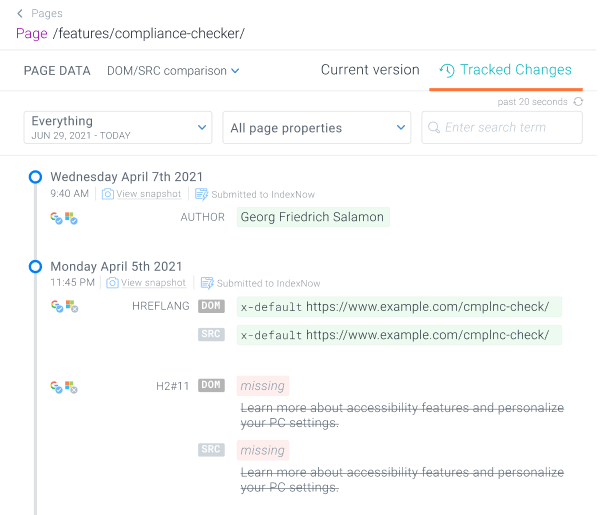 Screenshot of the Tracked Changes tab where you can view the tracked changes for a single page in ContentKing