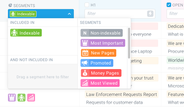 Using the Segments filter on the Page Change Tracking screen to narrow down the result set Screenshot of the Segments filter on the Page Change Tracking screen used to narrow down the result set