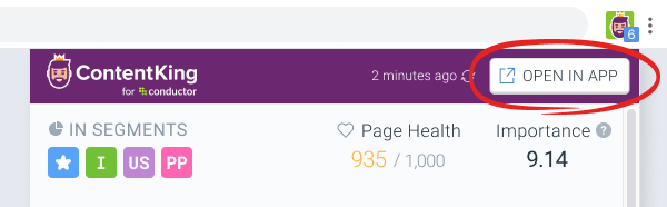 Image of the Open in App button, which allows users to jump directly to the Page Detail screen in ContentKing