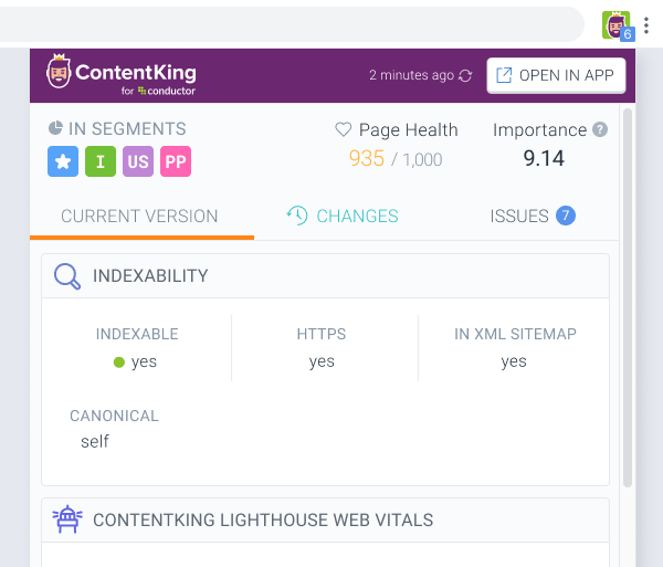 ContentKing Chrome extension showing SEO metrics about a page directly in user's browser