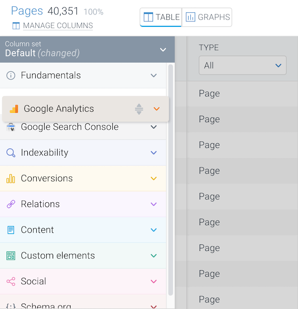 You can change the order of the column categories by dragging them upwards and downwards in the Manage Columns section in ContentKing Screenshot showing the possibility to change the order of the column categories by dragging them upwards and downwards in the Manage Columns section in ContentKing