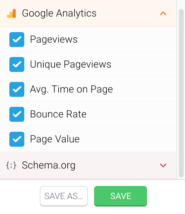 Creating a column set using the Save as button in the Manage Columns section in ContentKing Screenshot of the Save as button that allows you to create a column set in ContentKing