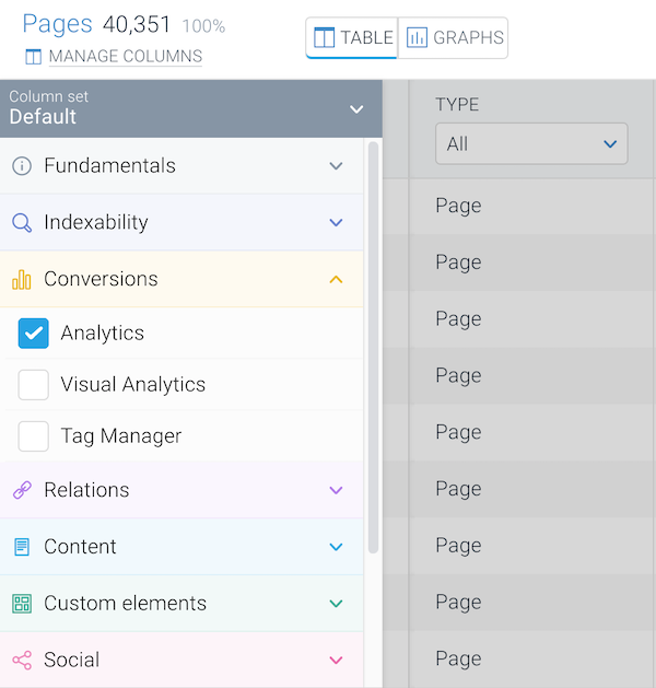 Adding more columns to the Pages screen in the Manage Columns section in ContentKing Screenshot of the Manage Columns section which allows you to add more columns to the Pages screen in ContentKing