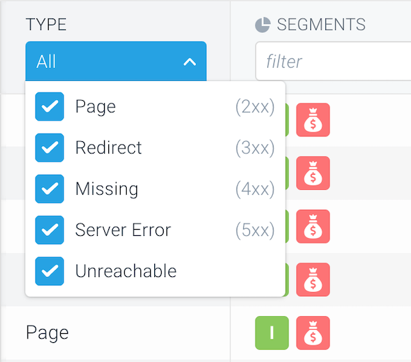 The Type column in ContentKing Screenshot of the Type column in ContentKing