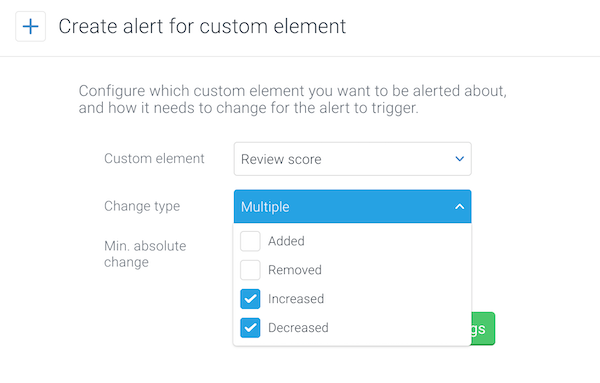 Setting the minimum absolute change for an alert for a custom element in ContentKing Screenshot showing the Minimum absolute change setting for an alert for a custom element in ContentKing