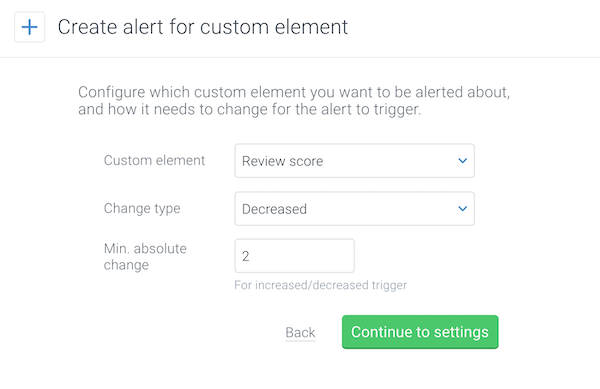Setting the minimum absolute change for an alert for a custom element in ContentKing Screenshot showing the Minimum absolute change setting for an alert for a custom element in ContentKing