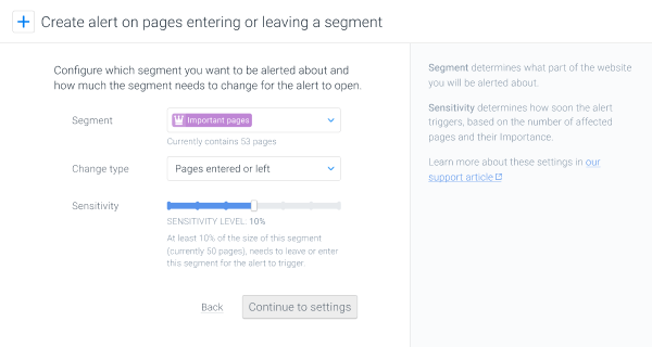 Configuration of an alert for Pages entering or leaving a segment Screenshot showing the configuration of an alert for Pages entering or leaving a segment