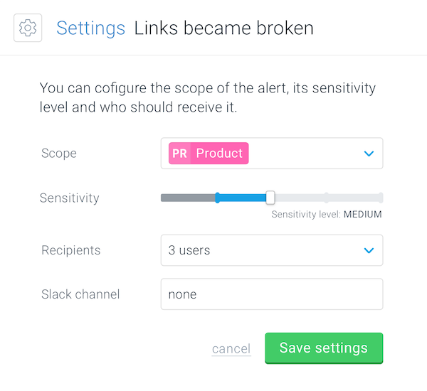 Parameters that can be configured for each alert definition in ContentKing Screenshot showing the parameters that can be configured for each alert definition in ContentKing