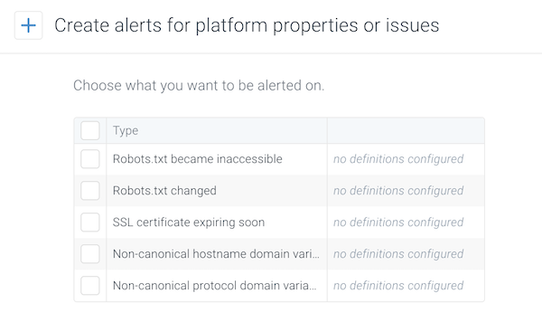 Supported triggers for the alerts about platform properties and issues