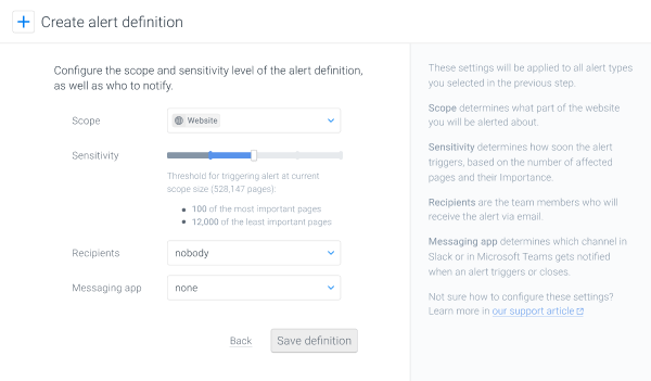 Screenshot of an explanatory message below the sensitivity slider showing exactly how many pages in the selected scope need to be affected for the alert to trigger