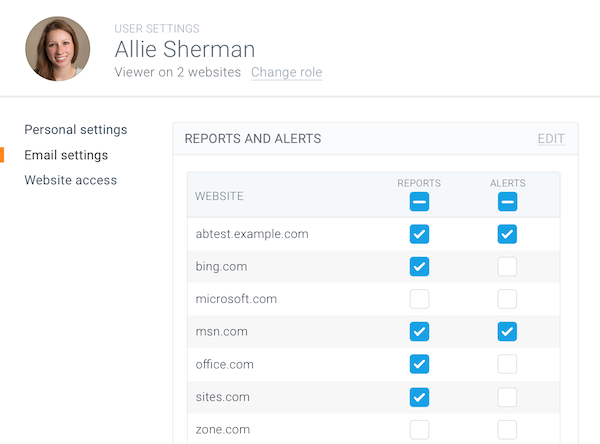 Assigning alert recipients from the user perspective in ContentKing Screenshot showing the way of assigning alert recipients from the user perspective in ContentKing
