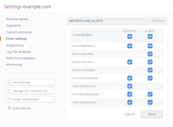 Assigning alert recipients from the website perspective in ContentKing Screenshot showing the way of assigning alert recipients from the website perspective in ContentKing