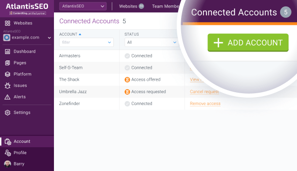 Screenshot showing the Add account button which allows to set up the connection between two accounts in ContentKing