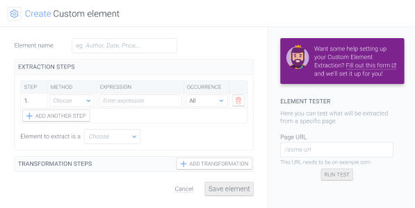 Creating custom element in ContentKing Screenshot of creating custom element in ContentKing