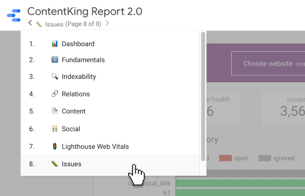Google Data Studio Pages Screenshot showing pages in the Google Data Studio report template