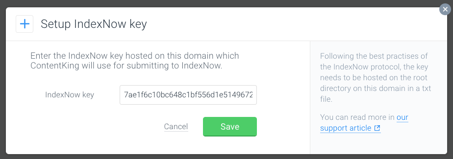 Setting up the IndexNow key Screenshot of the box for entering the IndexNow API key
