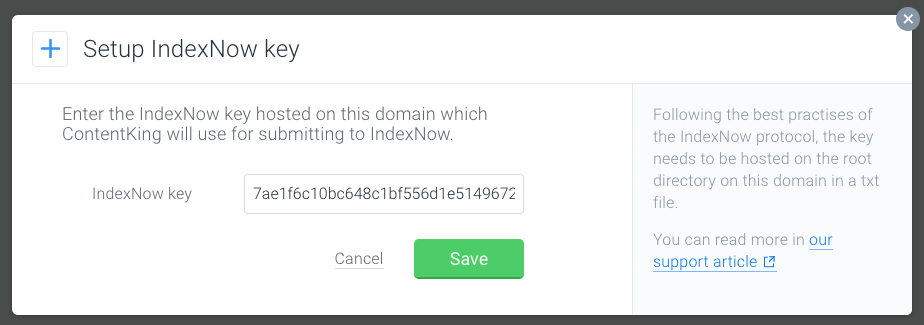 Screenshot of the box for entering the IndexNow API key