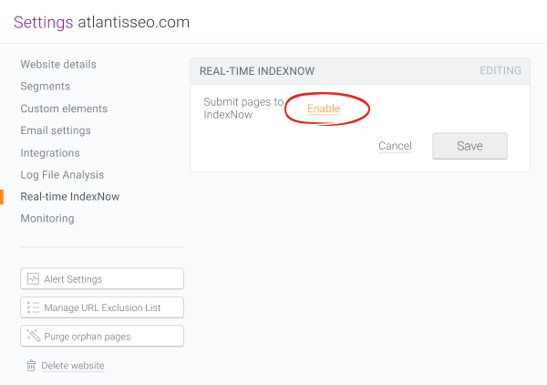 Enabling IndexNow in ContentKing Screenshot of the website settings for enabling Real-time IndexNow feature