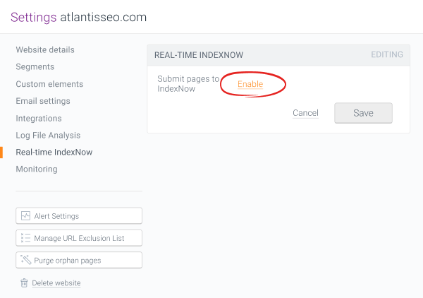 Screenshot of the website settings for enabling Real-time IndexNow feature