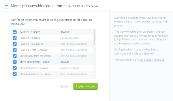 Screenshot of the box for configuring which issues are blocking a submission to IndexNow