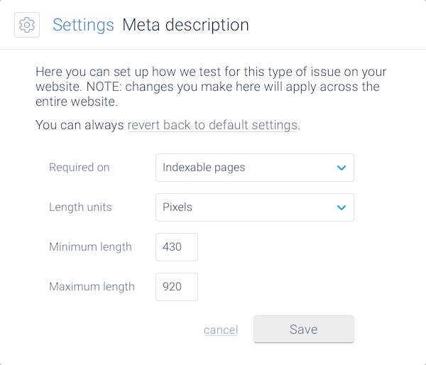 A screenshot showing the parameters that can be configured for Meta Description issues in ContentKing