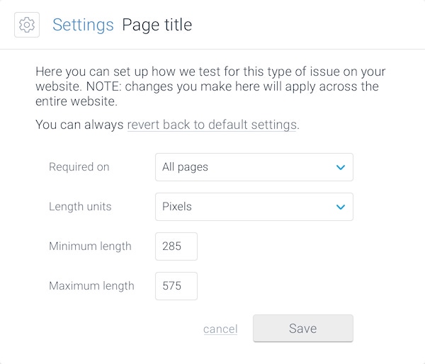 A screenshot showing the issue parameters that can be configured using the Issue Configuration in ContentKing.