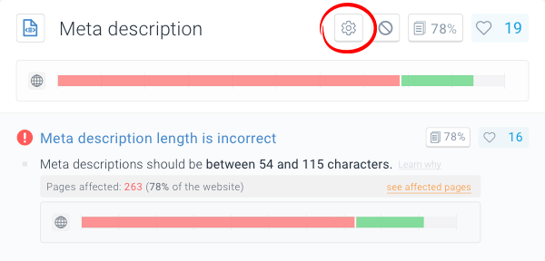 Screenshot of the Issue Configuration feature which allows you to customize the issue parameters in ContentKing to your specific needs