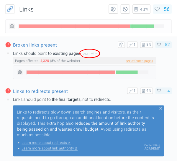 Screenshot of the Learn why button which provides additional information about the issues reported by ContentKing