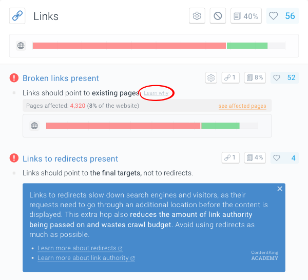 The Learn why button provides additional information about the particular issues reported by ContentKing Screenshot of the Learn why button which provides additional information about the issues reported by ContentKing