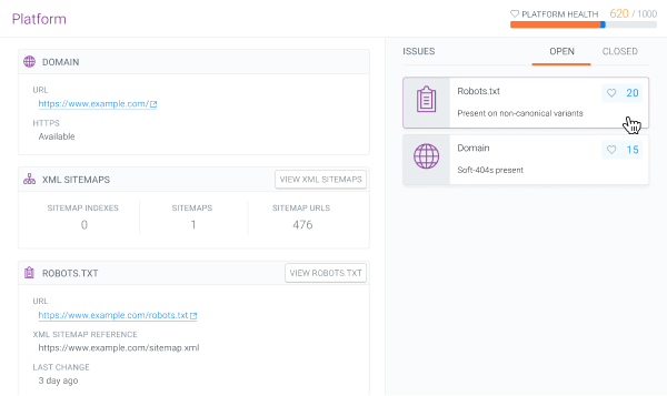 Viewing issues on the platform level in ContentKing Screenshot of the issues reported by ContentKing on the platform level