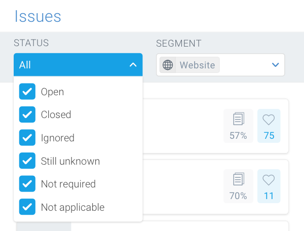 The Status filter in the Issues section allows you to filter on the issues based on their status Screenshot of the Status filter in the Issues section which allows you to filter on the issues based on their status
