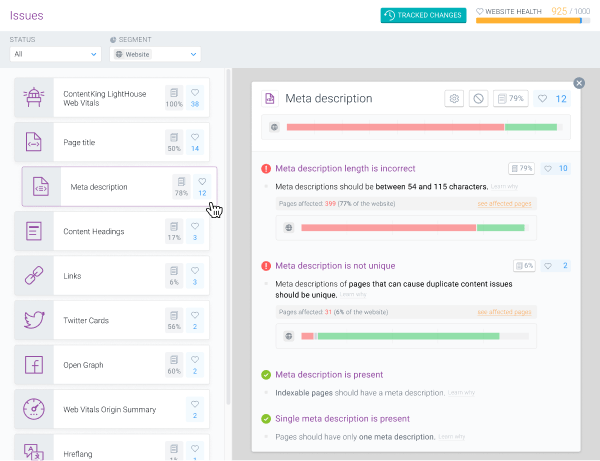 Viewing issues on the website level in ContentKing Screenshot of the issues reported by ContentKing on the website level