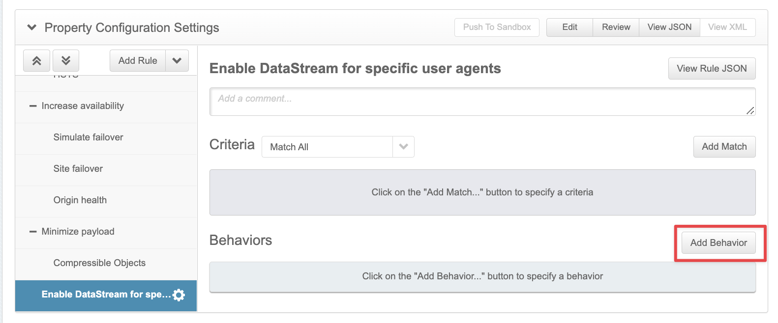 Adding DataStream behavior Screenshot of the Add Behavior in the Property Configuration Settings